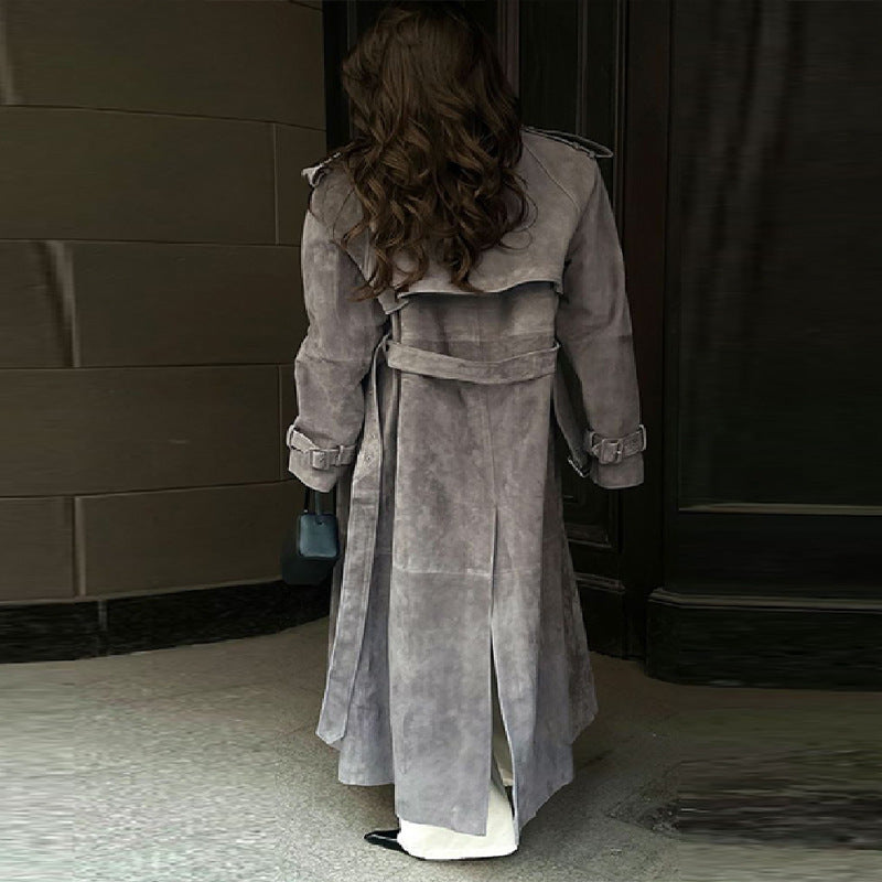 Damen Modischer und bequemer lange Suede-Trenchcoat Drune