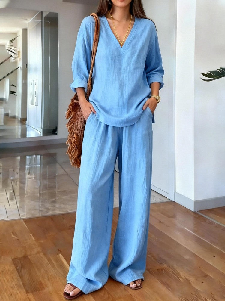 Damen Lässiges Leinenoberteil und weite Palazzo-Hosen Set Drune