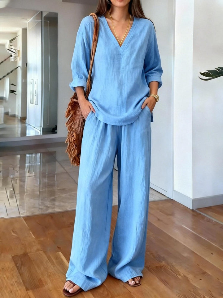 Damen Lässiges Leinenoberteil und weite Palazzo-Hosen Set Drune