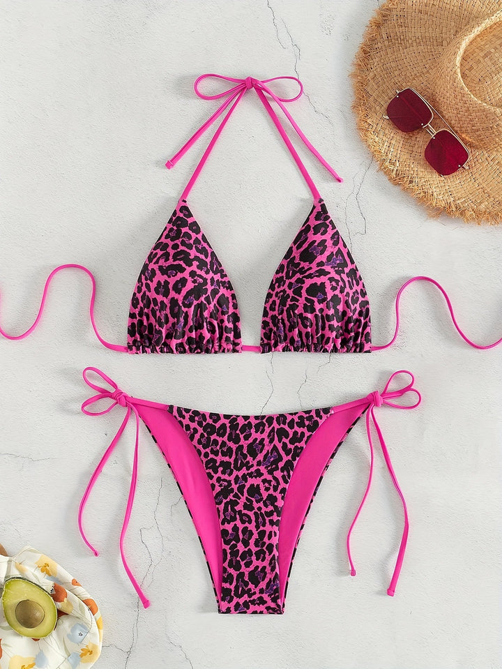 Damen Triangel-Bikini-Set mit modischem Animal-Print und verstellbaren Bindebändern Drune