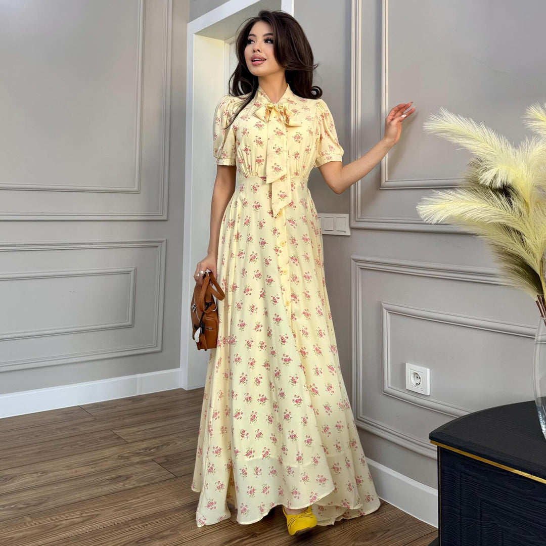 Damen Maxikleid mit eleganter Schleifenbindung und romantischem Blütenmuster Drune