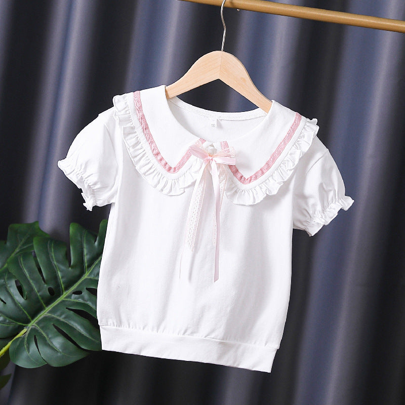 Mädchen T-Shirt mit rüschenverziertem Kragen und Schleifenakzenten Drune