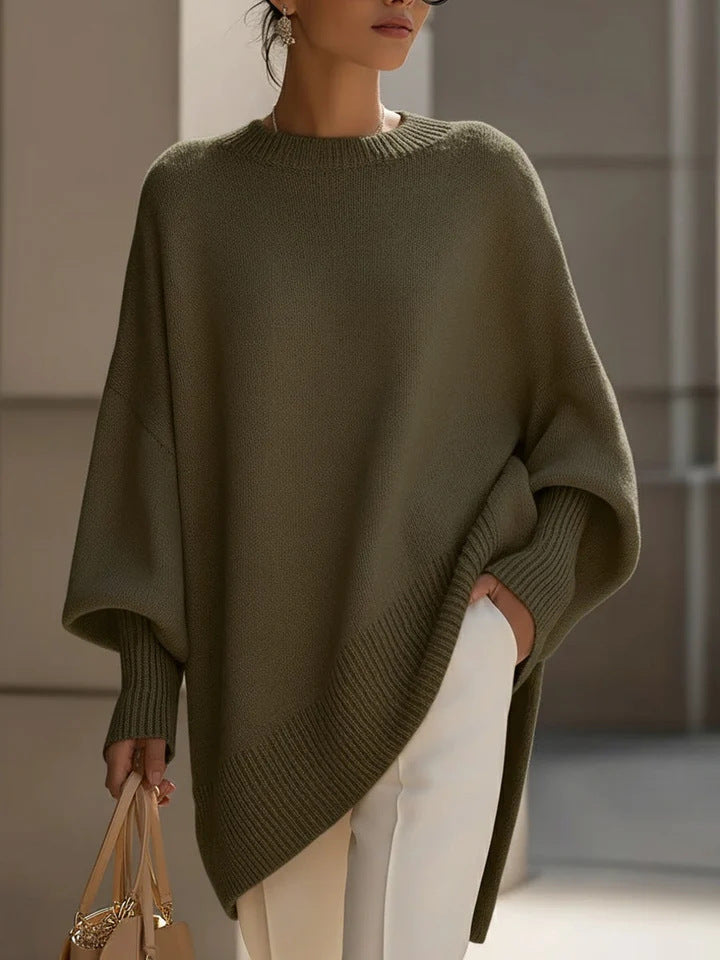 Damen nan Oversize Strickponcho mit asymmetrischem Saum und gerippten Ärmeln Drune