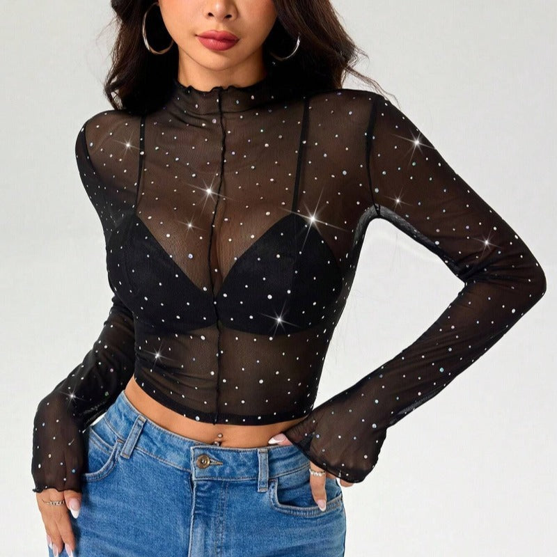 Damen Sexy Crop-Top aus transparentem Netz mit funkelnden Akzenten Drune