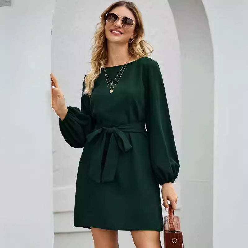 Damen Elegantes Kleid mit Ballonärmeln und Taillengürtel Drune