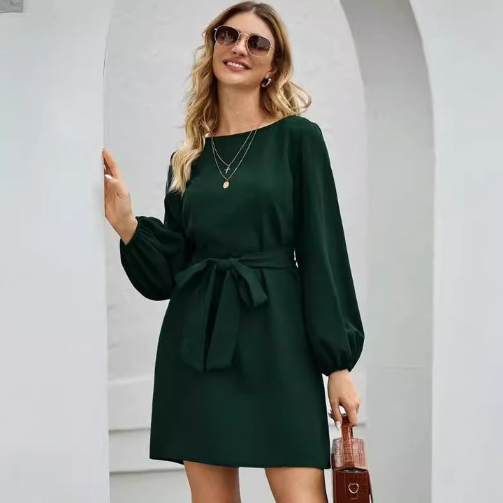 Damen Elegantes Kleid mit Ballonärmeln und Taillengürtel Drune