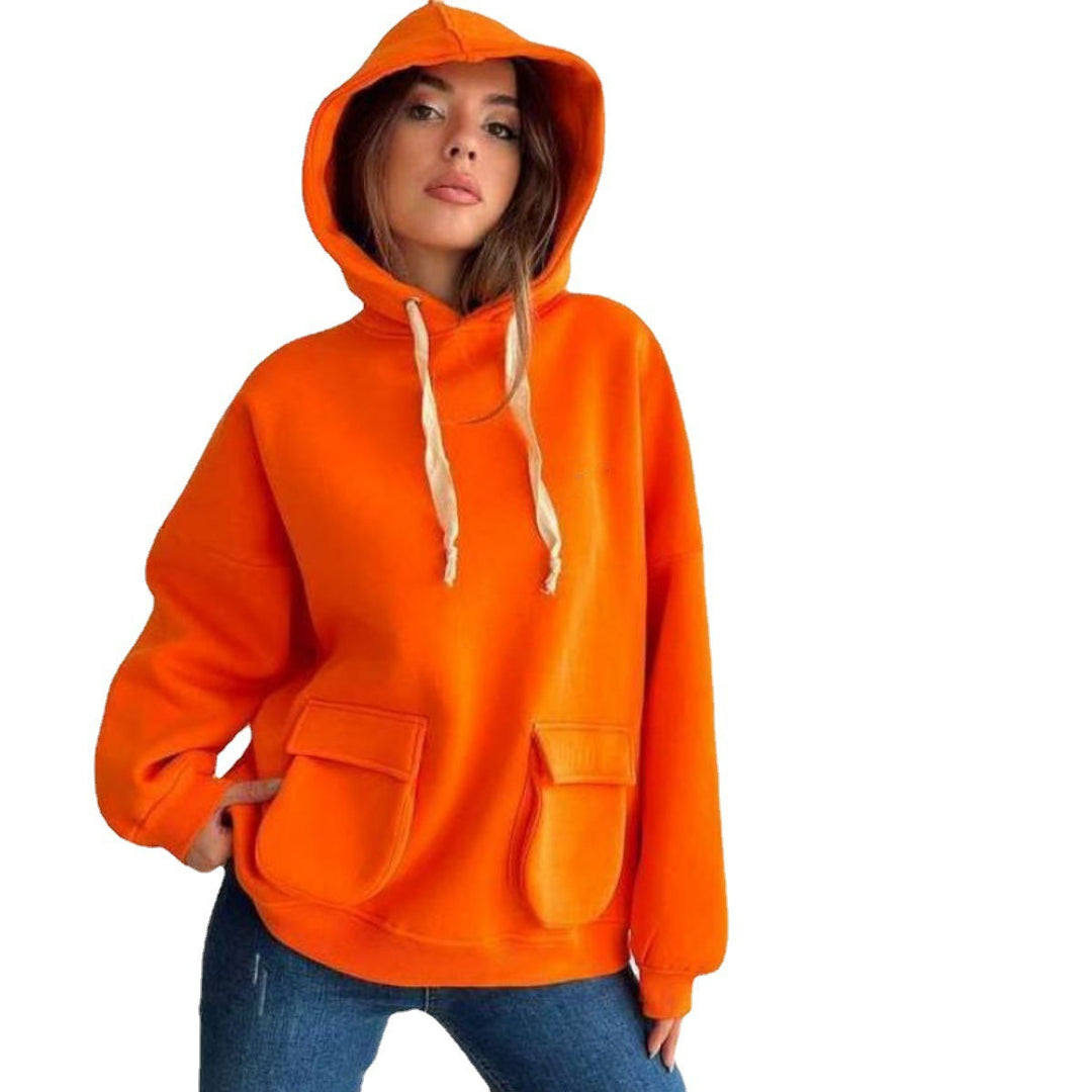 Damen nan Oversize-Kapuzenpullover mit aufgesetzten Klappentaschen und extra-langen Kordeln Drune