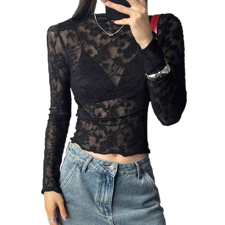 Damen Spitzenoberteil mit elegantem floralem Design und transparenten Ärmeln Drune