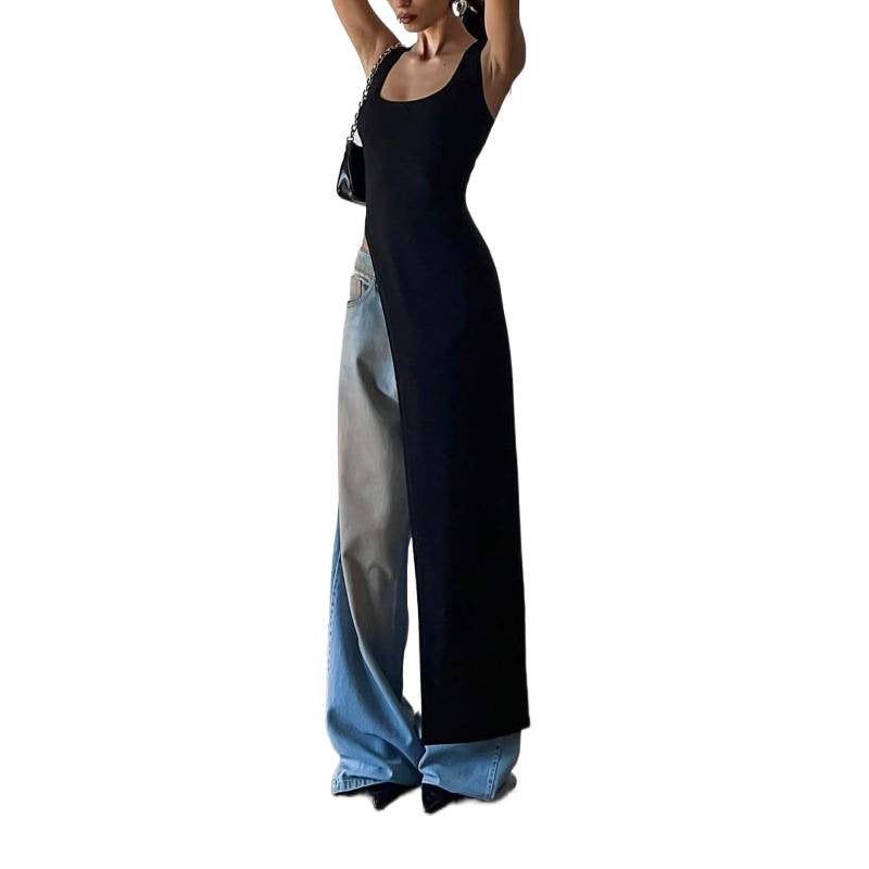 Damen Langarm-Umstands-Tunika mit asymmetrischem Schnitt und stylischen Denim-Elementen Drune