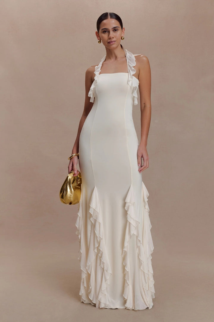 Damen Elegantes Langarm-Maxikleid mit Rüschendetails Drune
