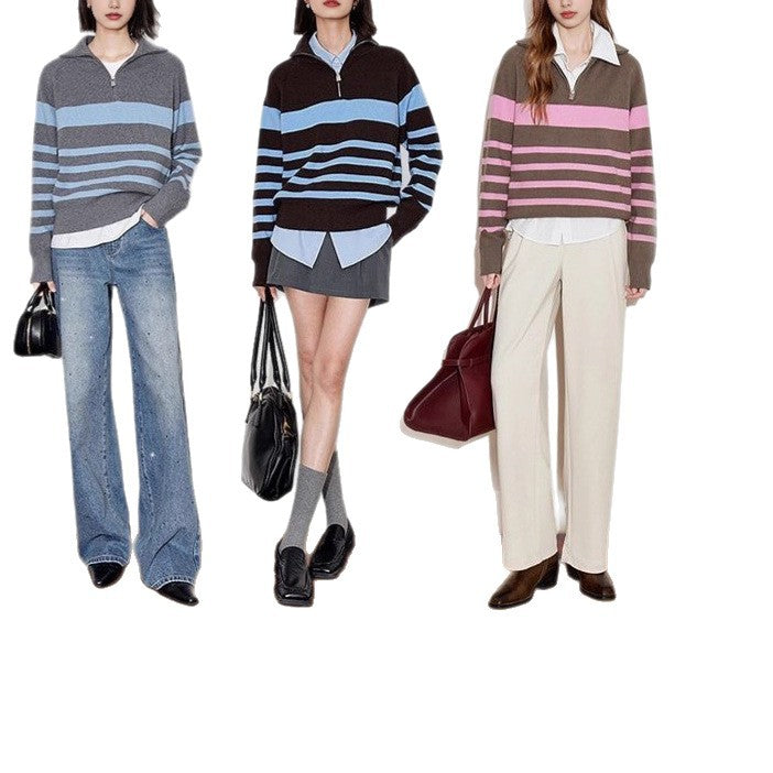 Damen gemütlicher Strickpullover mit modischem Halbzipverschluss Drune