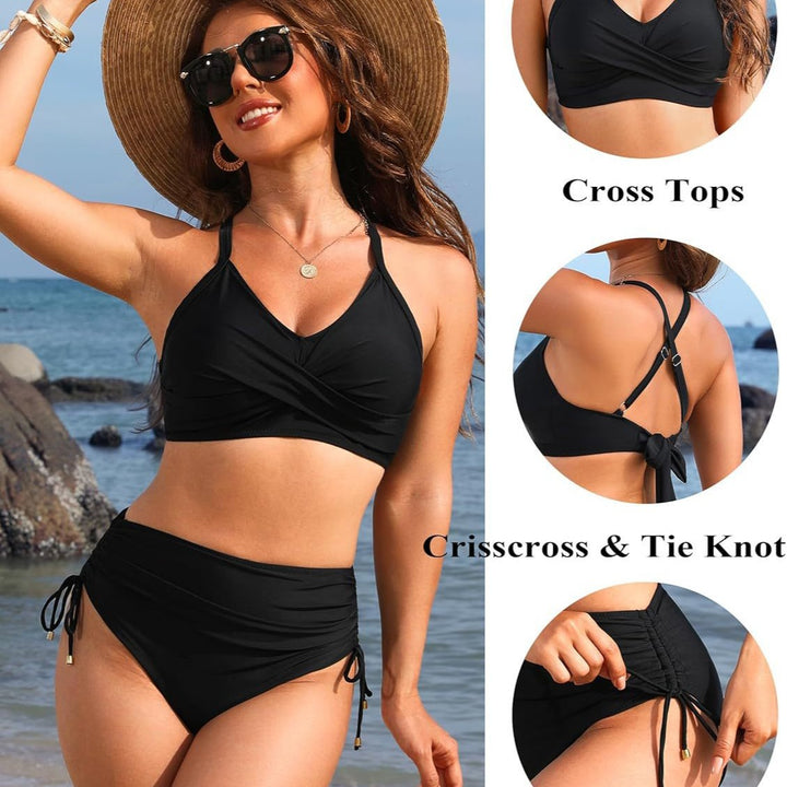 Damen Hochtailliertes Bikini-Set mit elegantem Wickeldesign und verstellbaren Trägern Drune