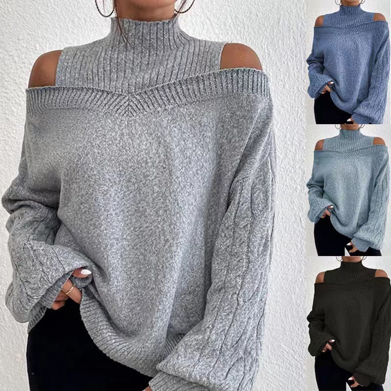 Damen nan schulterfreier Strickpullover mit Stehkragen und Zopfmusterärmeln Drune