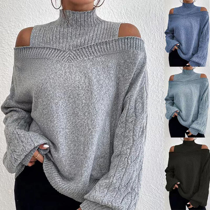 Damen nan schulterfreier Strickpullover mit Stehkragen und Zopfmusterärmeln Drune