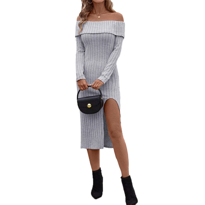 Damen langärmliges Maxikleid mit schulterfreiem Design und seitlichem Schlitz Drune