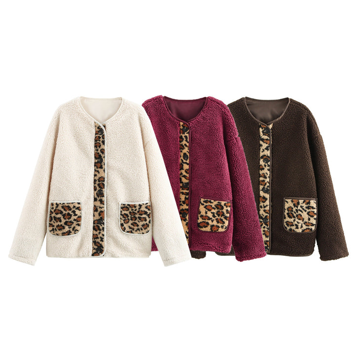 Damen kuschelige Teddyjacke mit tierischem Muster und praktischen Pattentaschen Drune