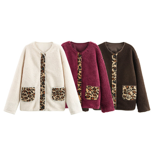 Damen kuschelige Teddyjacke mit tierischem Muster und praktischen Pattentaschen Drune