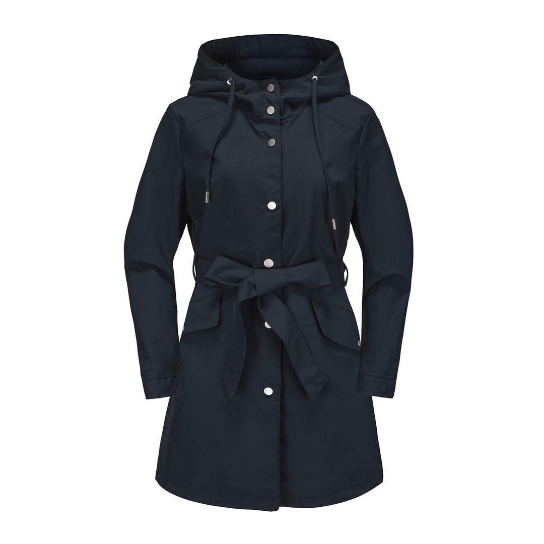 Damen wasserfeste Übergangsjacke mit verstellbarem Kapuzenkragen und Taillengürtel Drune