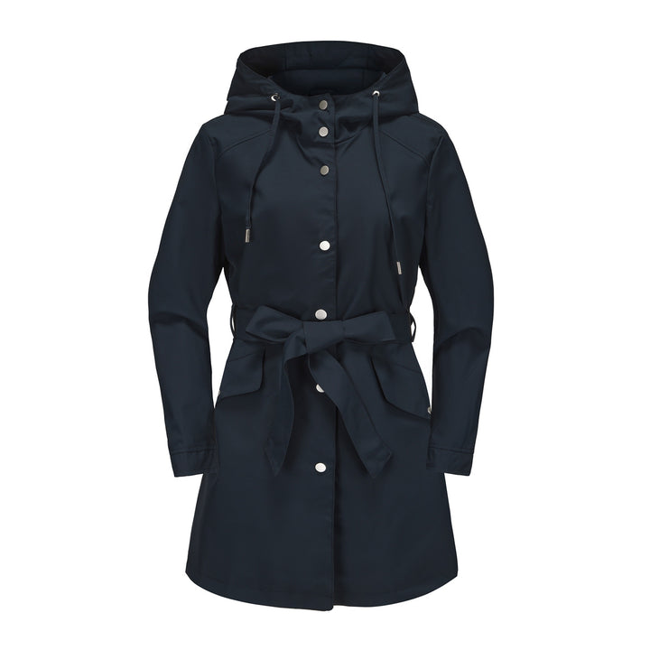 Damen wasserfeste Übergangsjacke mit verstellbarem Kapuzenkragen und Taillengürtel Drune