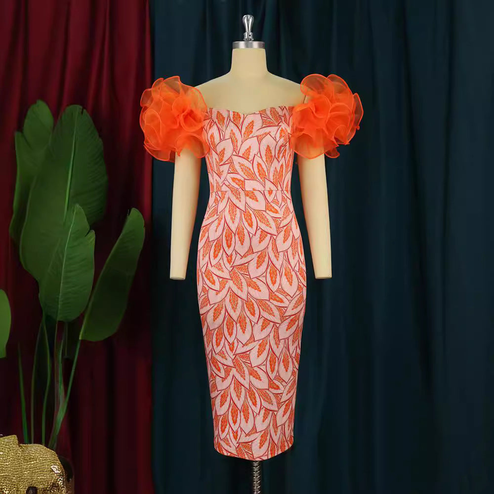Damen Elegantes Midi-Kleid mit innovativen Puffärmeln und kunstvollem Druck Drune