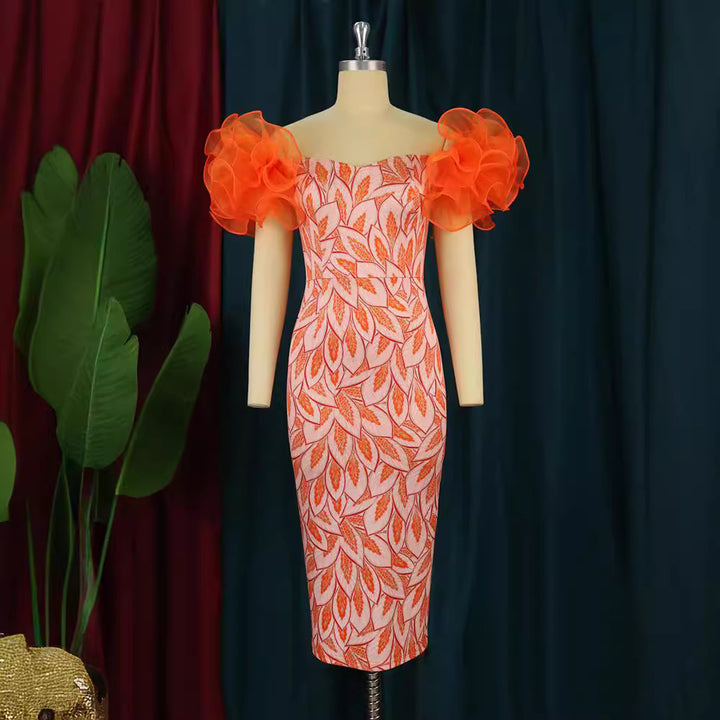 Damen Elegantes Midi-Kleid mit innovativen Puffärmeln und kunstvollem Druck Drune
