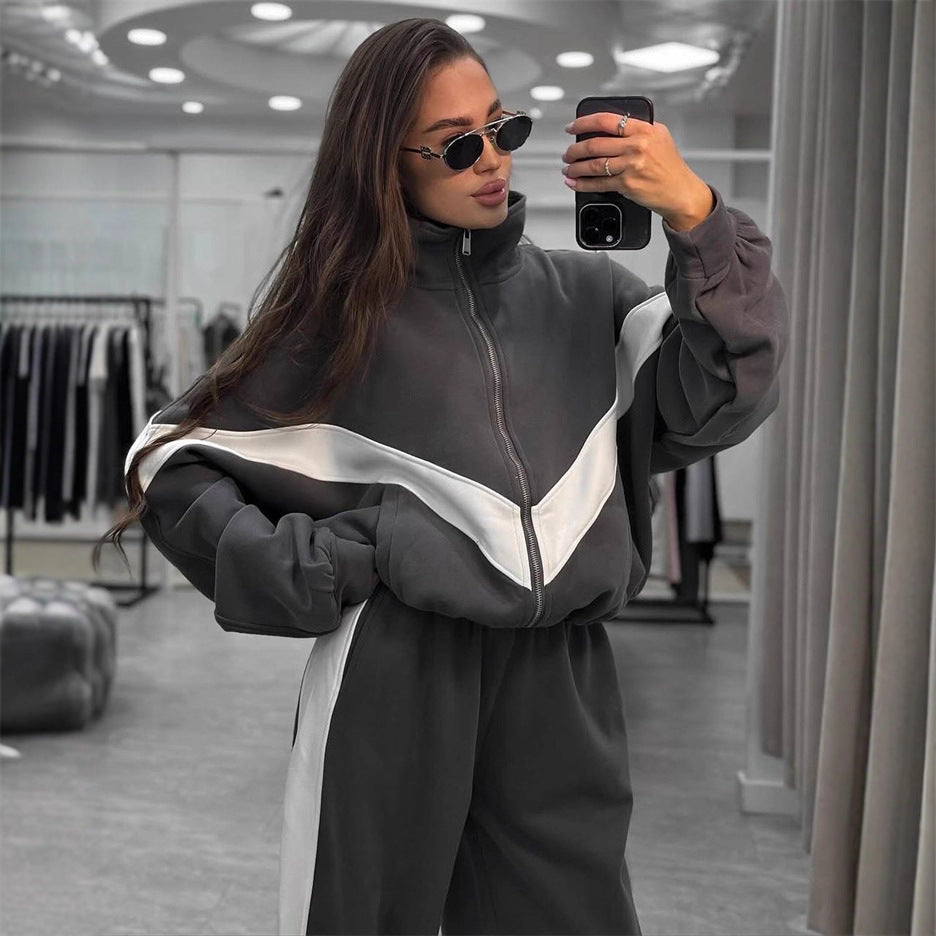 Damen Sportlicher Jogginganzug mit hohem Kragen und markanten Kontraststreifen Drune
