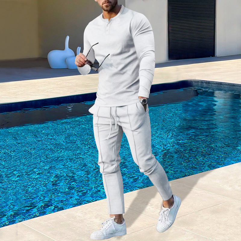 Herren nan athletisches Henley-Langarmshirt und schmal zulaufende Jogginghose mit Ziernähten Drune