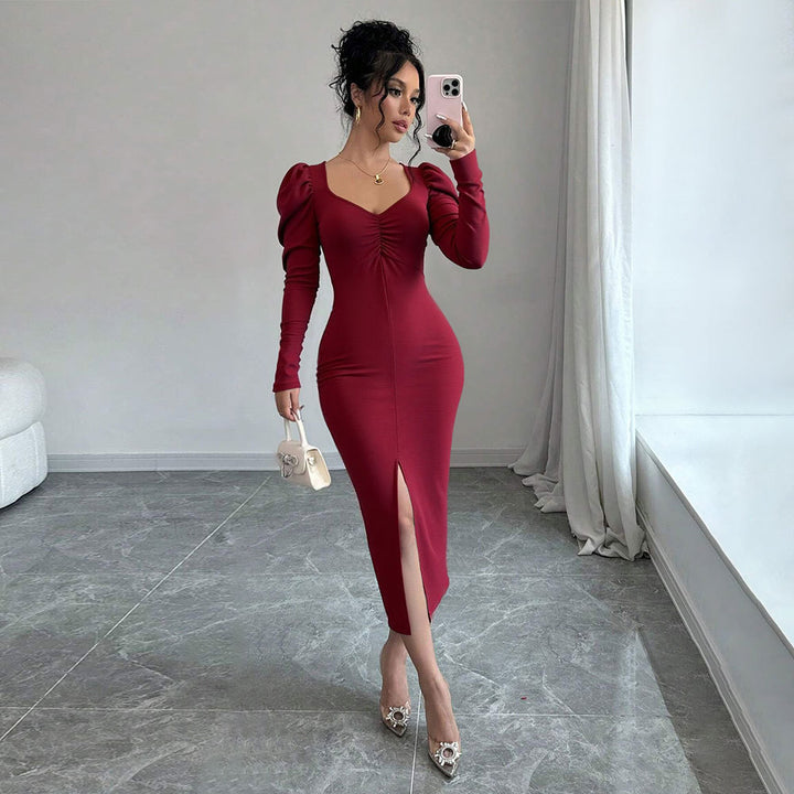 Damen Midi-Kleid mit Puffärmeln und raffiniertem Schlitz Drune