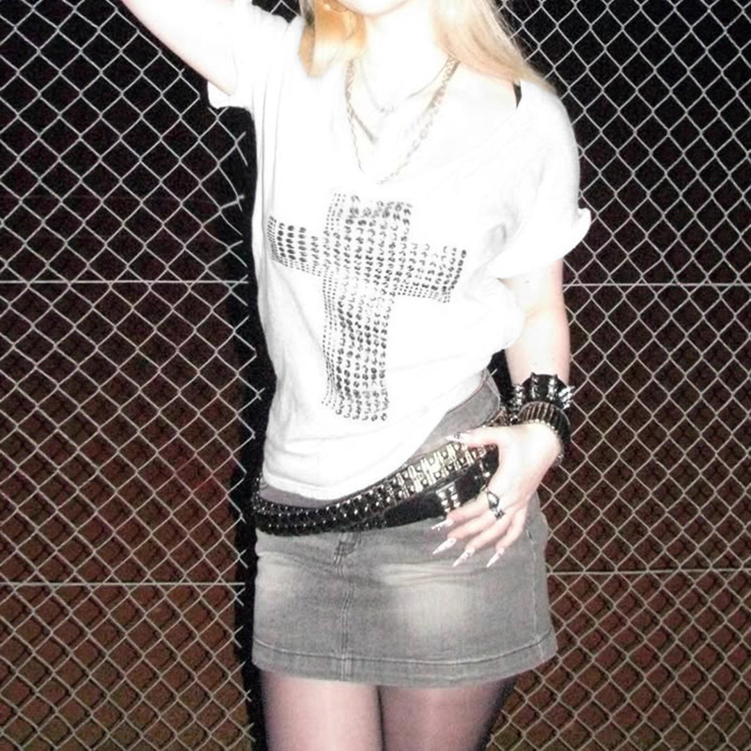 Damen stylisches Oversized T-Shirt mit Kreuz-Print und Glitzerdetails Drune