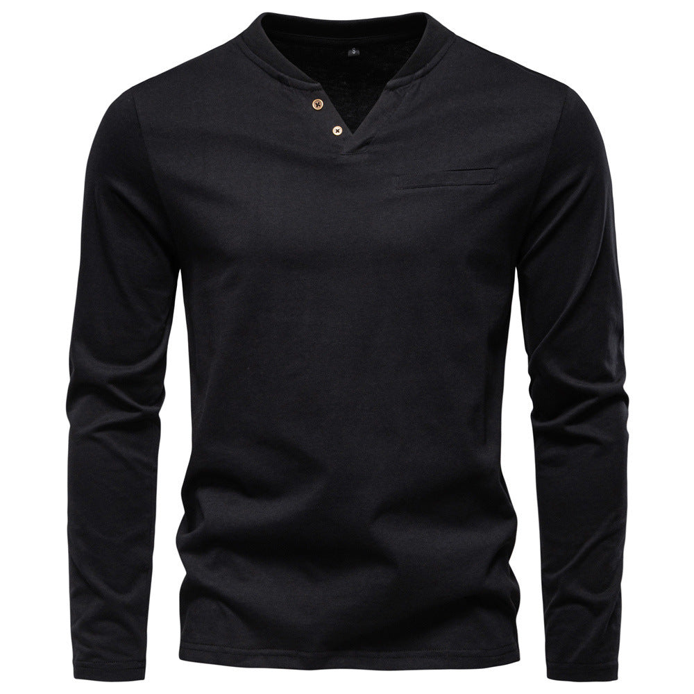 Herren nan tailliertes Langarmshirt im Henley-Stil mit kurzem V-Ausschnitt, Zierknöpfen und Brustleistentasche Drune
