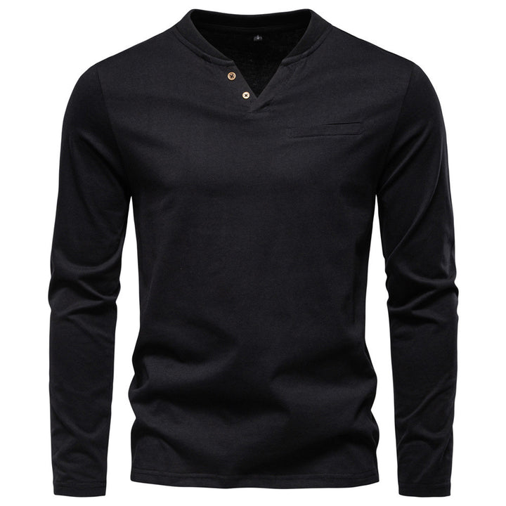 Herren nan tailliertes Langarmshirt im Henley-Stil mit kurzem V-Ausschnitt, Zierknöpfen und Brustleistentasche Drune