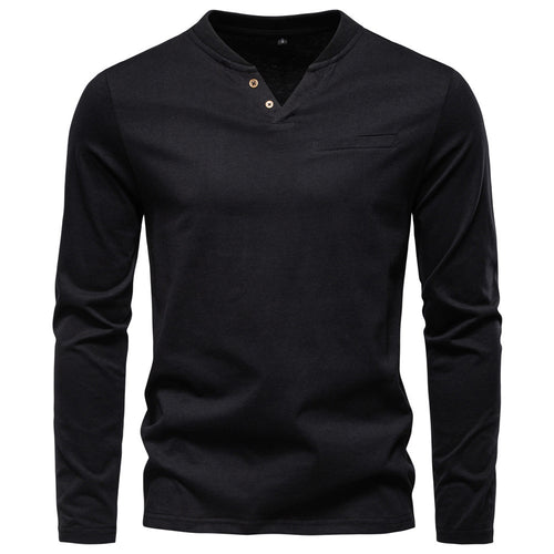 Herren nan tailliertes Langarmshirt im Henley-Stil mit kurzem V-Ausschnitt, Zierknöpfen und Brustleistentasche Drune