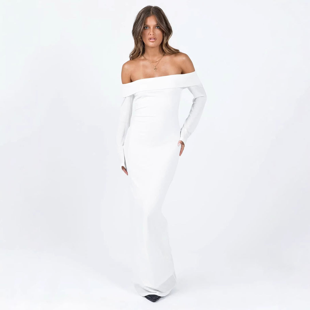 Damen Off-Shoulder Maxikleid mit langen Ärmeln und figurbetontem Schnitt Drune