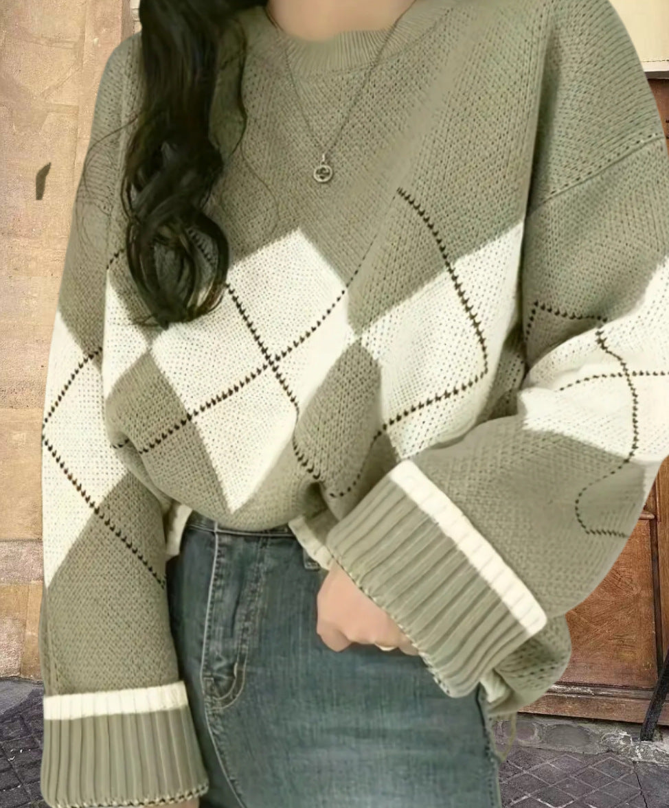 Damen Grobstrickpullover mit modernen Rautenmustern und weitem Schnitt Drune
