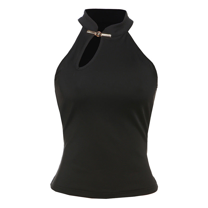 Damen modernes Hochkragen Top mit elegantem Schlitz und goldener Akzent Drune