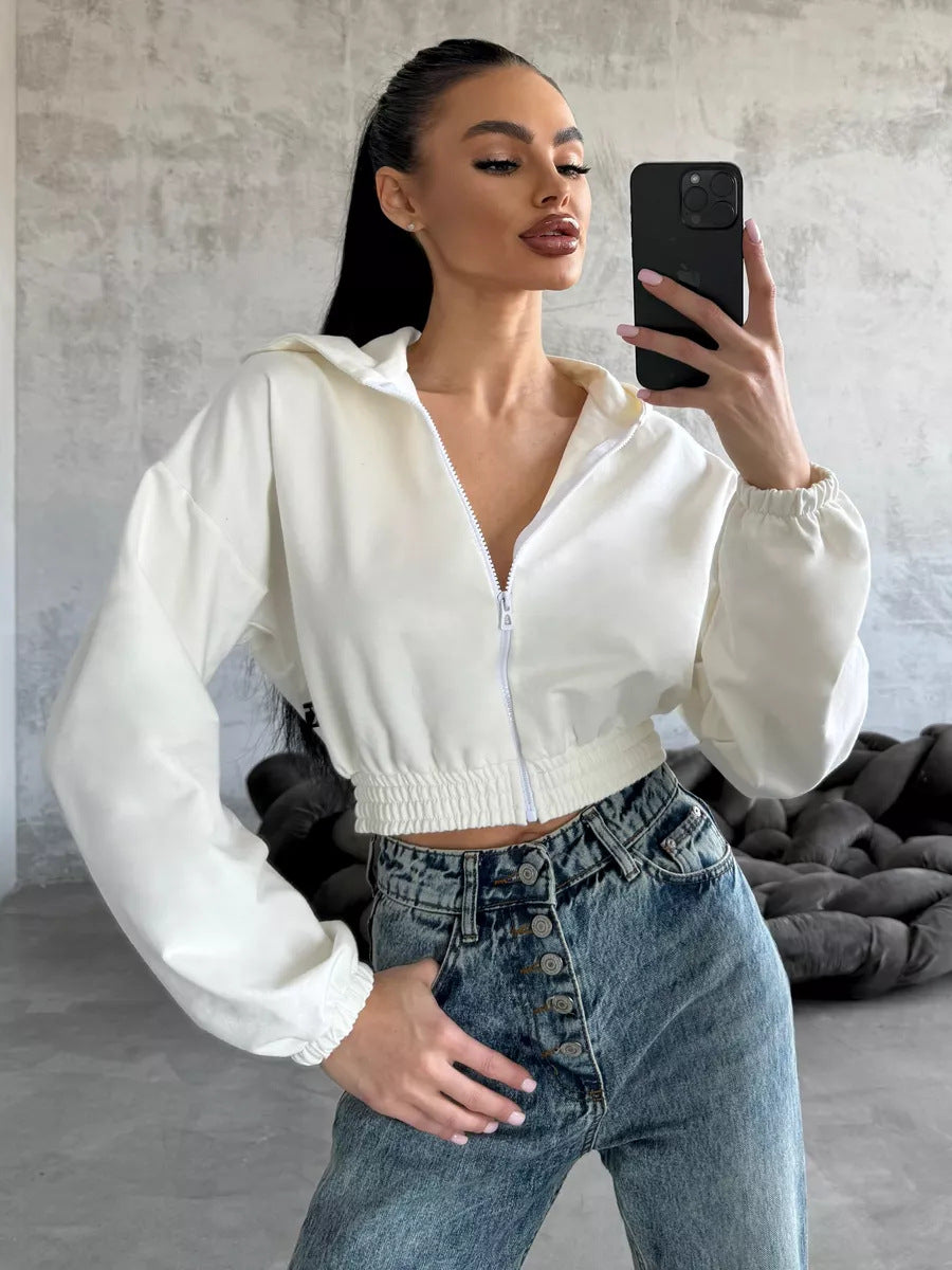 Damen cropped Kapuzenjacke mit elastischem Bund und lässigem Schnitt Drune