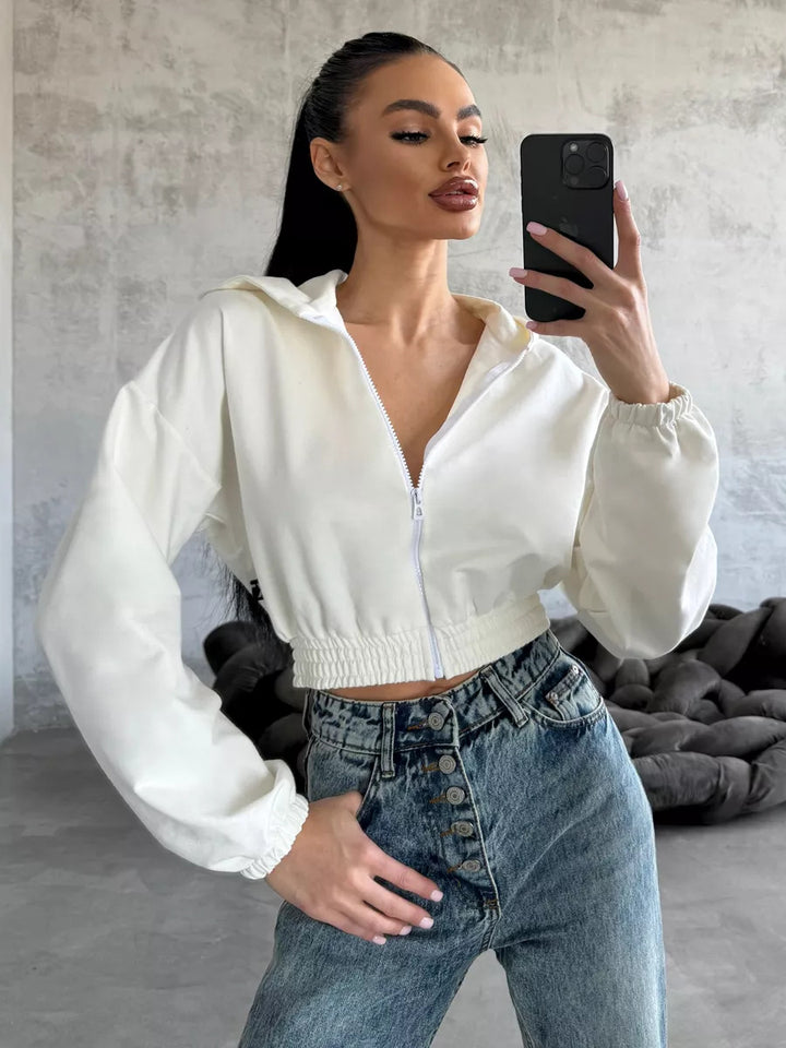 Damen cropped Kapuzenjacke mit elastischem Bund und lässigem Schnitt Drune