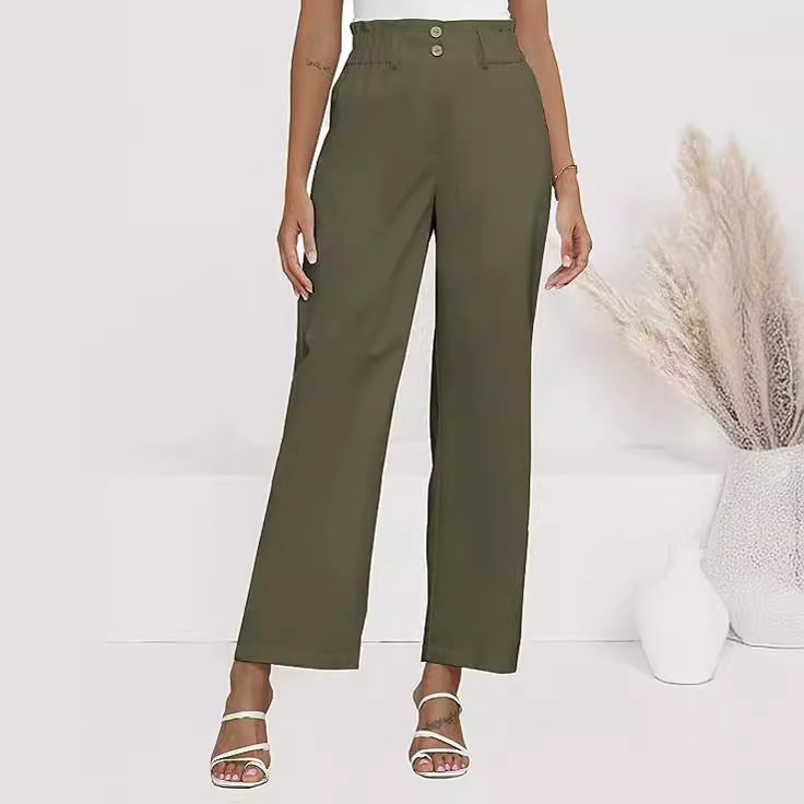 Damen weite Stoffhose mit elastischem Bund und modischen Knopfdetails Drune