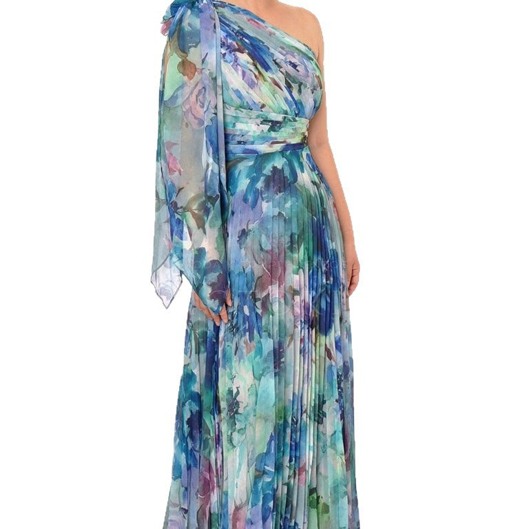 Damen Maxikleid mit einem schulterfreien Design und floralen Falten Drune