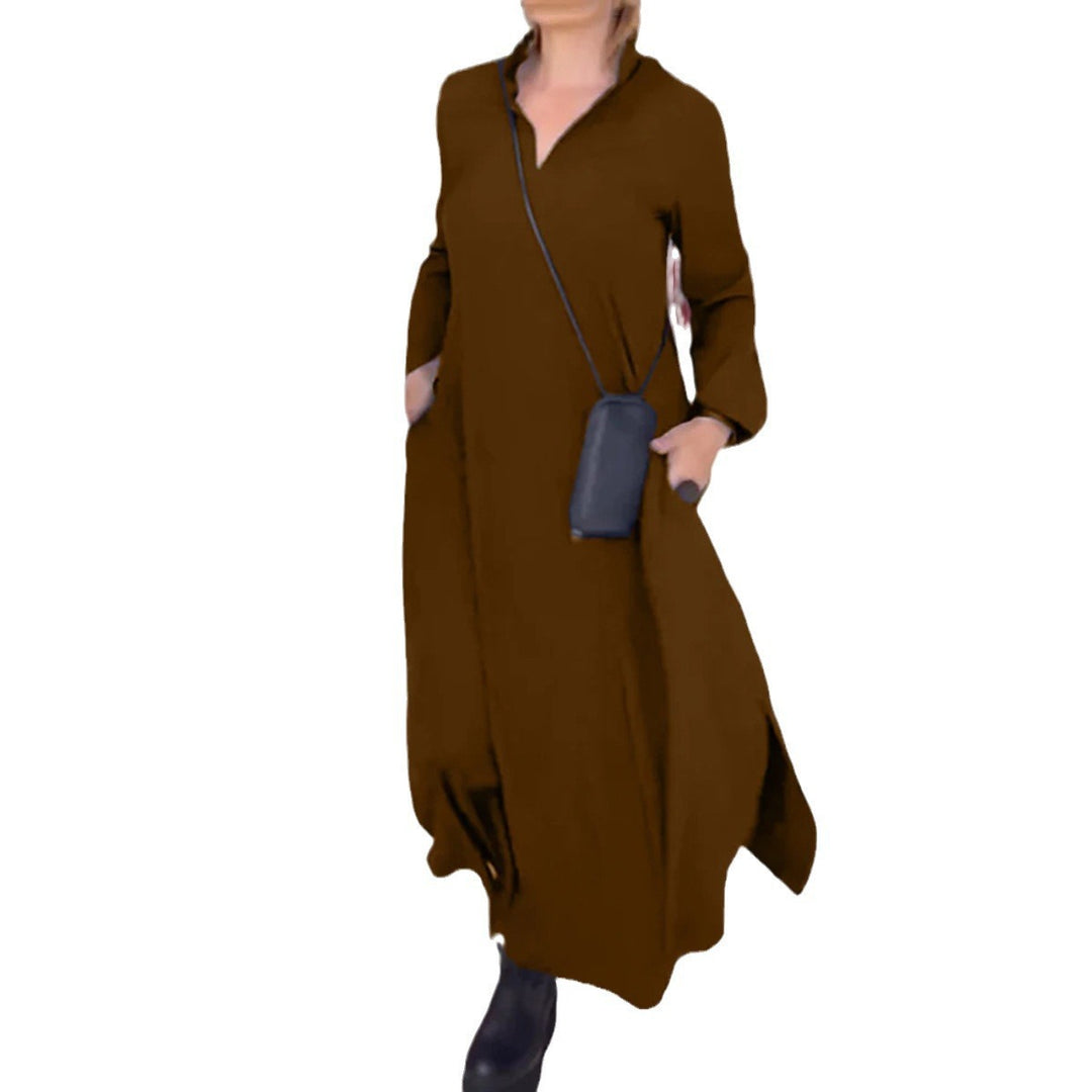 Damen Hemdblusenkleid mit Taschen und Stehkragen Drune
