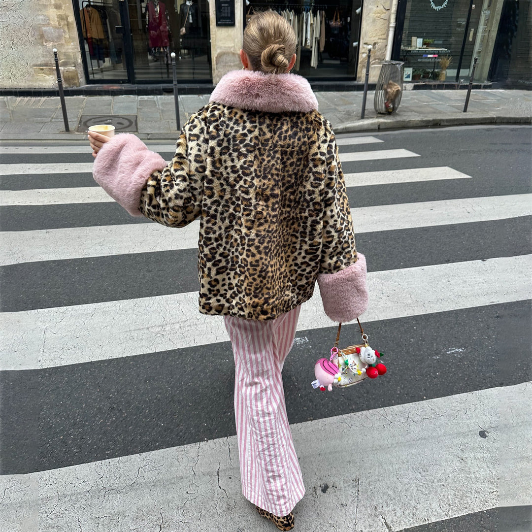Damen Kunstfelljacke mit modernem Leopardenmuster und kuscheligem Kragen Drune