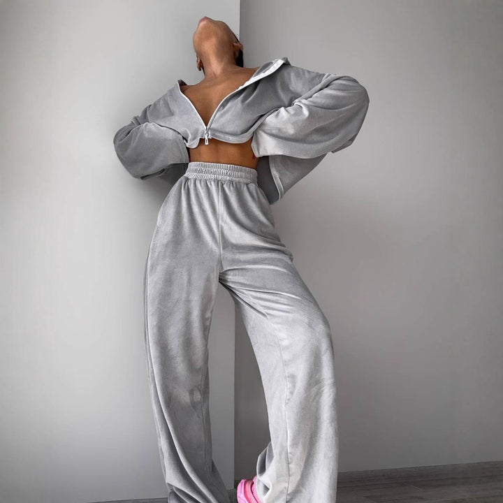 Damen Modisches Velours Set mit cropped Oberteil und weit geschnittenen Hosen Drune