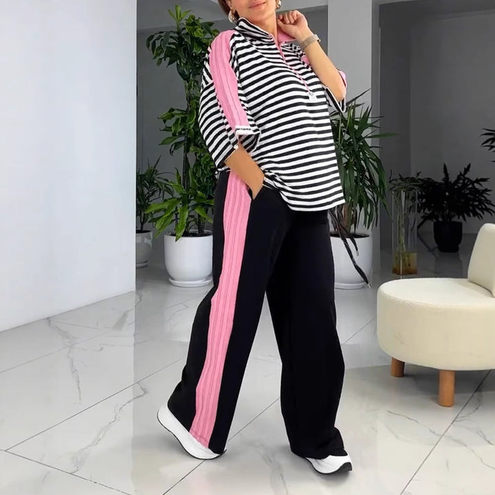 Damen nan lässiges zweiteiliges Polo-Lounge-Set mit Oversize-Streifen, Pompom-Applikation und kontrastierenden Seitenbahnen Drune