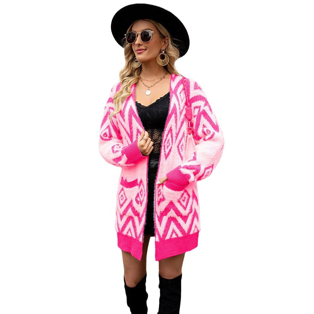 Damen Strickjacke mit tiefem V-Ausschnitt und geometrischem Muster Drune