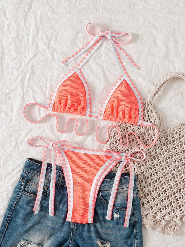 Damen Triangel-Bikini mit verspielten Bindebändern und feiner Struktur Drune
