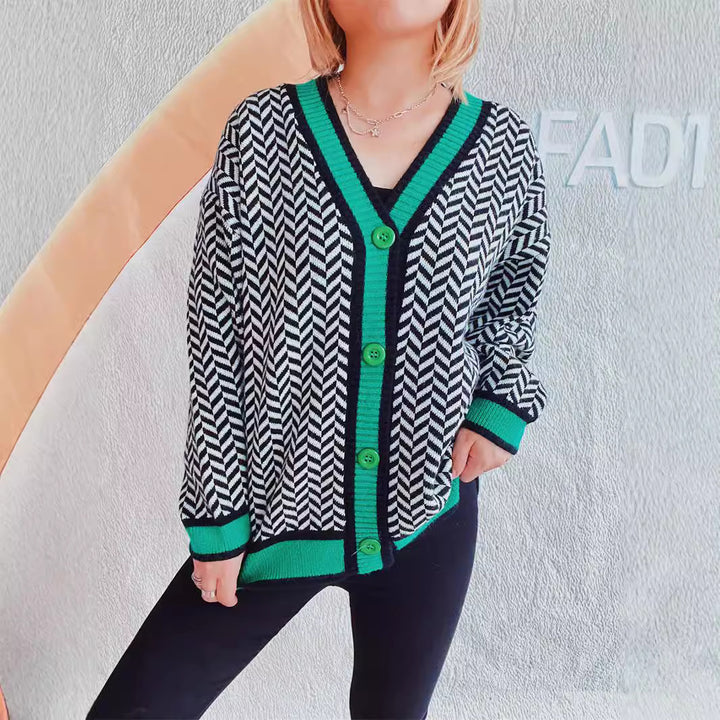 Damen Übergroße Strickjacke mit auffälligem Zickzackmuster und bunten Knöpfen Drune