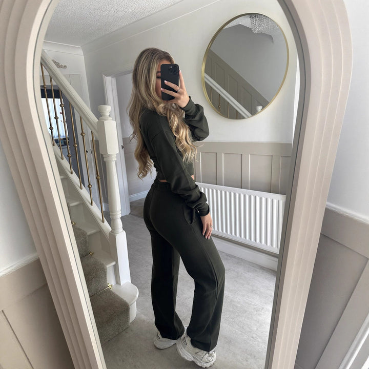 Damen lässiger Cropped Hoodie und Jogginghose Set mit elastischem Bund Drune