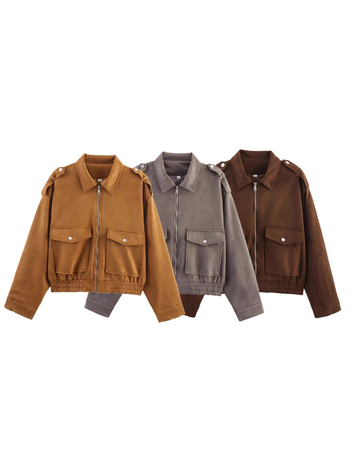 Damen modische Utility-Jacke mit aufgesetzten Taschen und hohem Kragen Drune