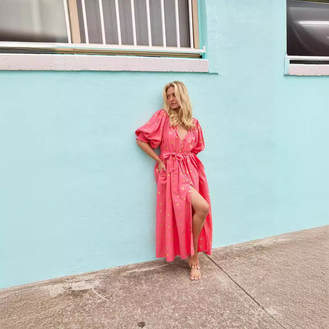 Damen Sommerkleid mit Puffärmeln und goldenen Details Drune