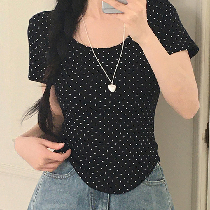 Damen Polka-Dot Shirt mit Rundhalsausschnitt und figurbetontem Schnitt Drune